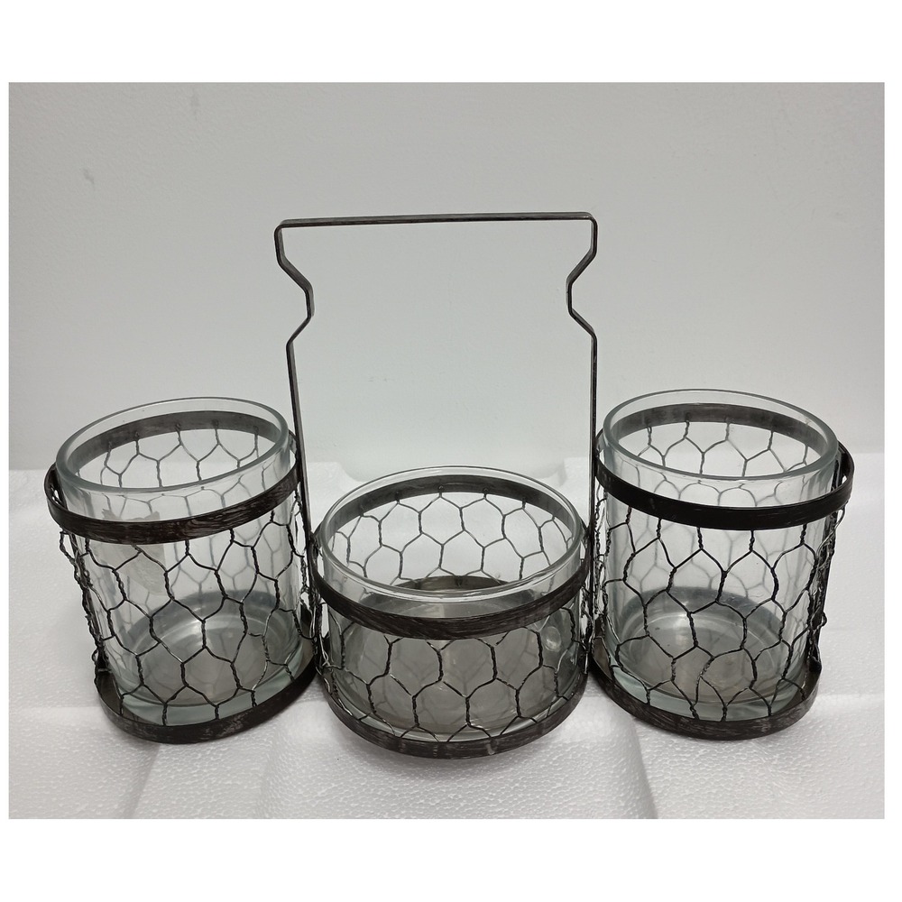 Vintage Rustic Metal Glass Caddy Server Organizer Handle Brown Farmhouse Decor